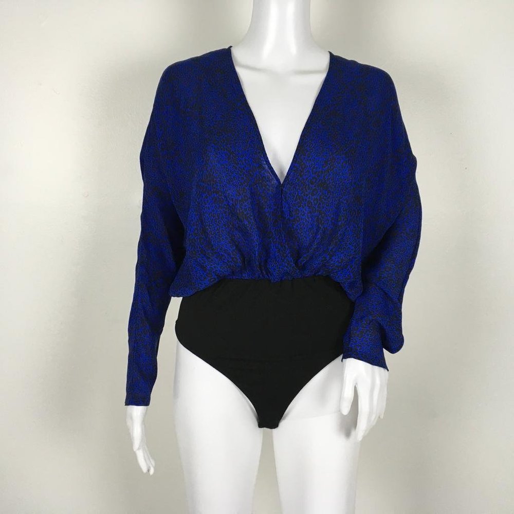 New Ramy Brook Women's Animal Print Bodysuit Navy Blue Sz M